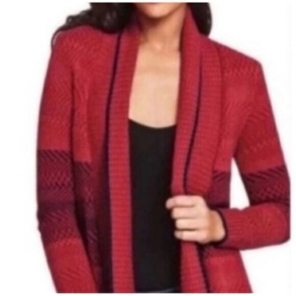 Cabi Joy Open Front Cardigan Sweater Pockets Brick Red Navy XS‎ Southwest Boho